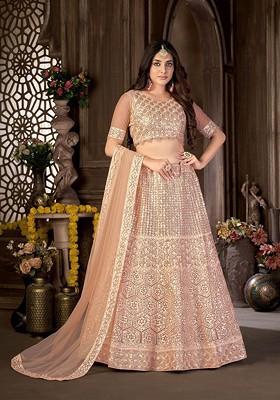Peach Emboridered Blended Lehenga Choli
