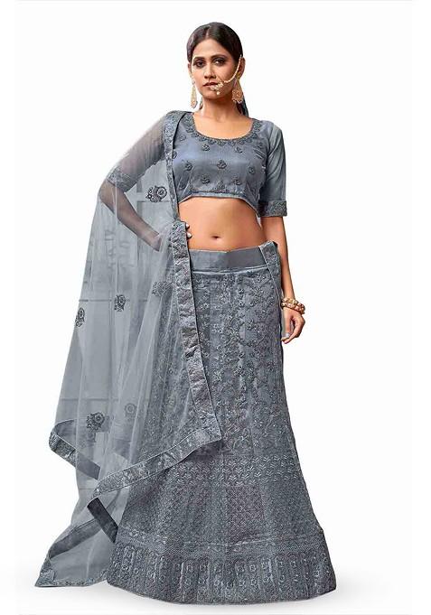 Grey Emboridered Blended Lehenga Choli — view on Indya