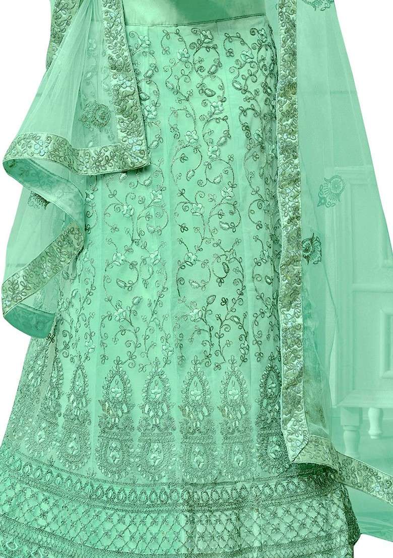 Sea Green Emboridered Blended Lehenga Choli - Indya