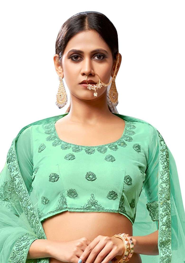Sea Green Emboridered Blended Lehenga Choli - Indya