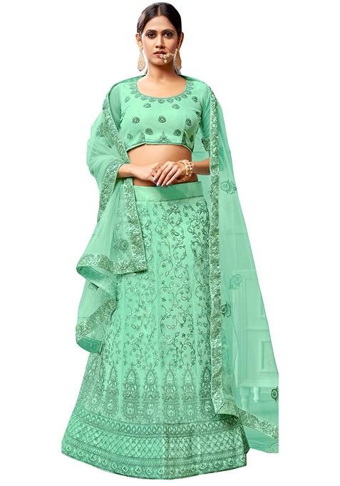 Sea Green Emboridered Blended Lehenga Choli — view on Indya