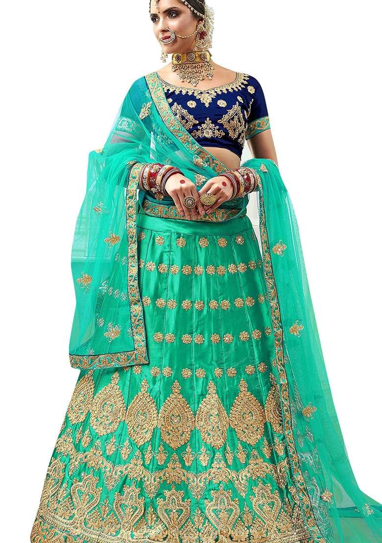Sea Green Emboridered Blended Lehenga Choli - Indya