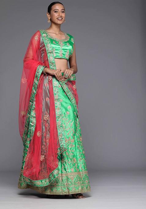 Green Embellished Blended Lehenga Choli — view on Indya
