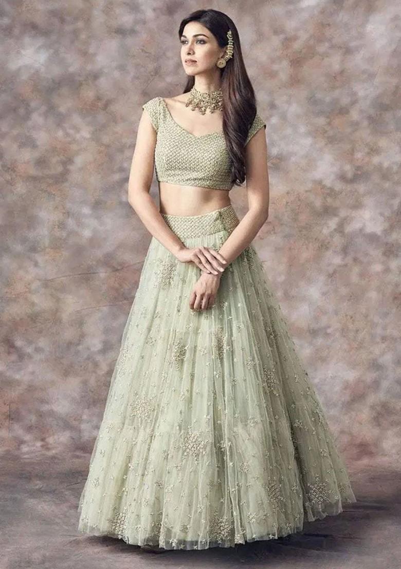 Green Emboridered Blended Lehenga Choli - Indya