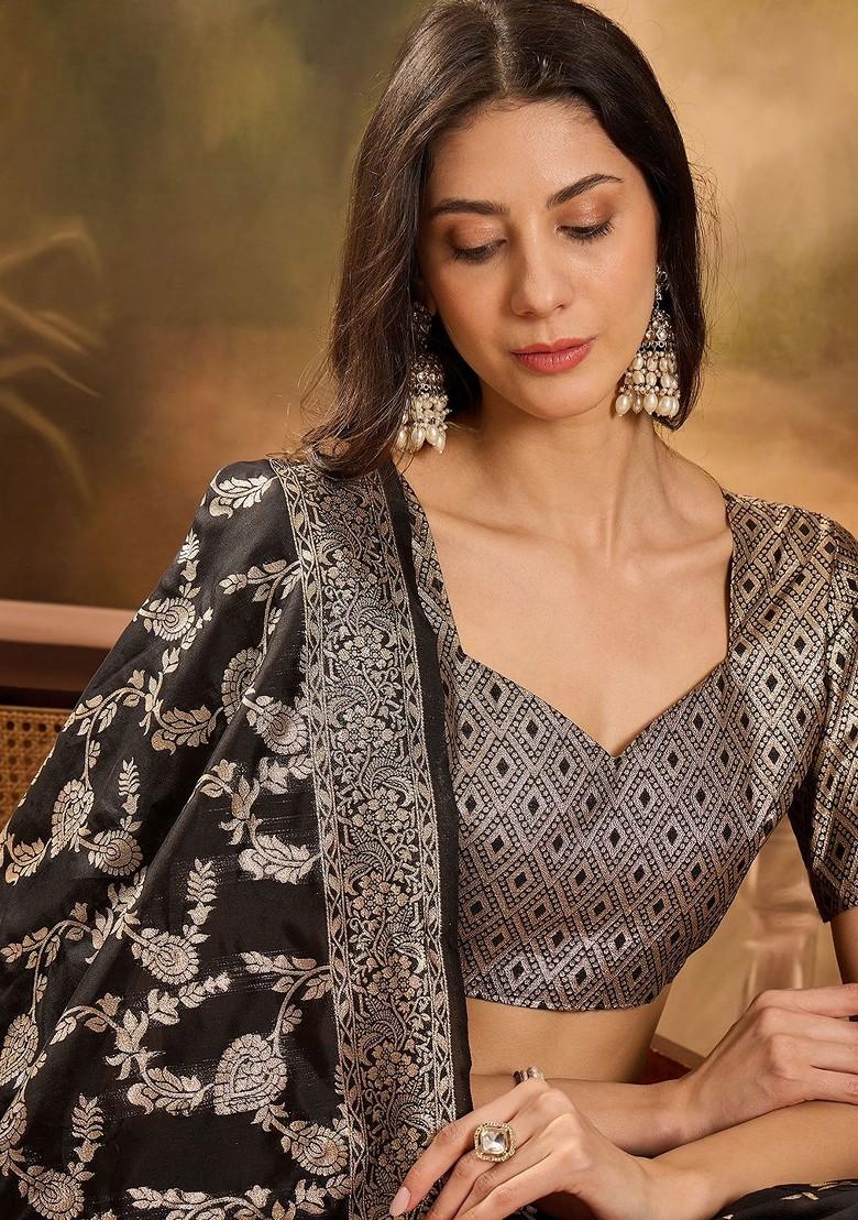 Black Woven Design Blended Lehenga Choli - Indya