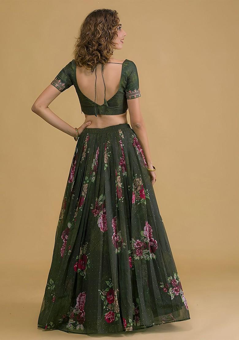 Green Emboridered Blended Lehenga Choli - Indya
