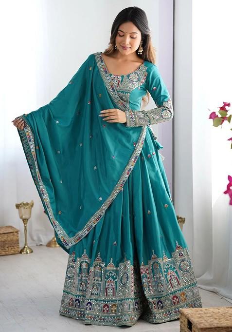 Sea Green Emboridered Blended Lehenga Choli — view on Indya