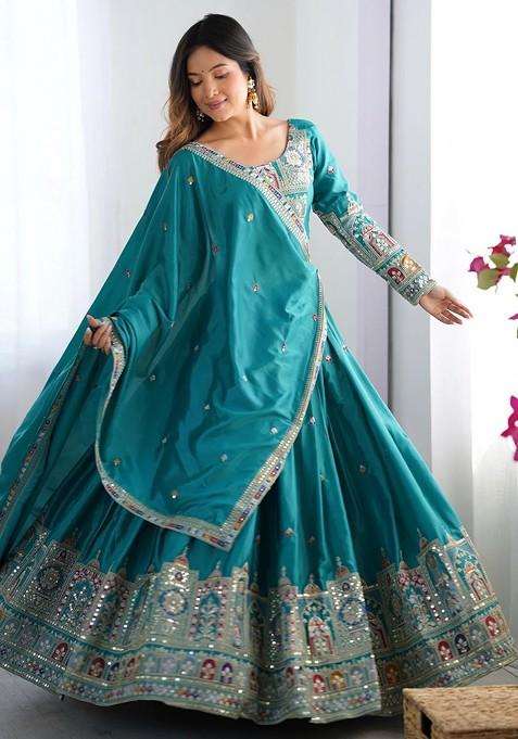 Sea Green Emboridered Blended Lehenga Choli — view on Indya