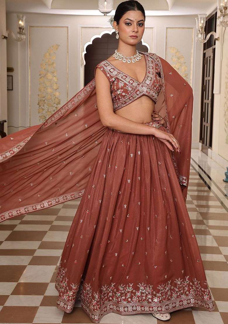 Brown Emboridered Blended Lehenga Choli - Indya