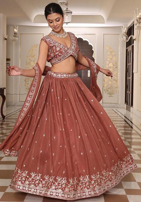 Brown Emboridered Blended Lehenga Choli — view on Indya