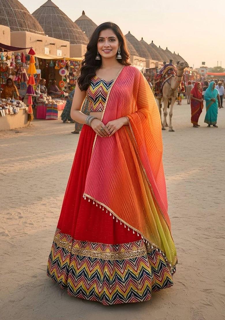 Orange Emboridered Blended Lehenga Choli - Indya