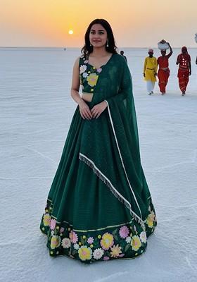 Green Emboridered Blended Lehenga Choli