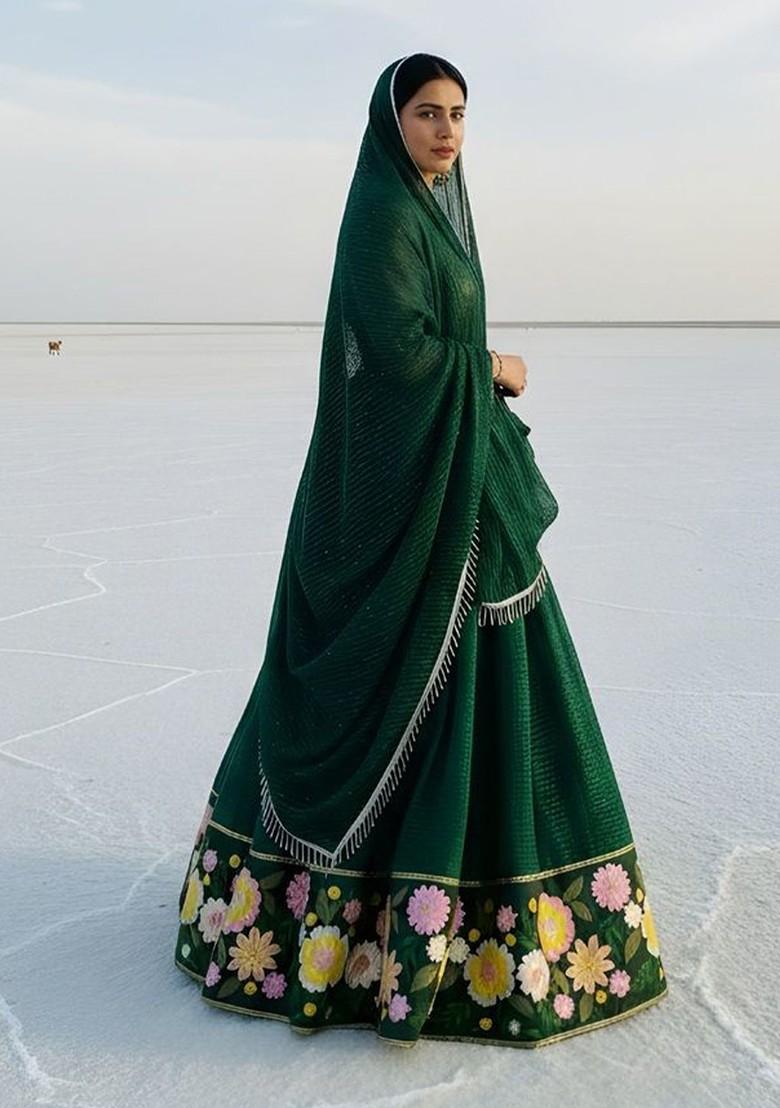 Green Emboridered Blended Lehenga Choli - Indya