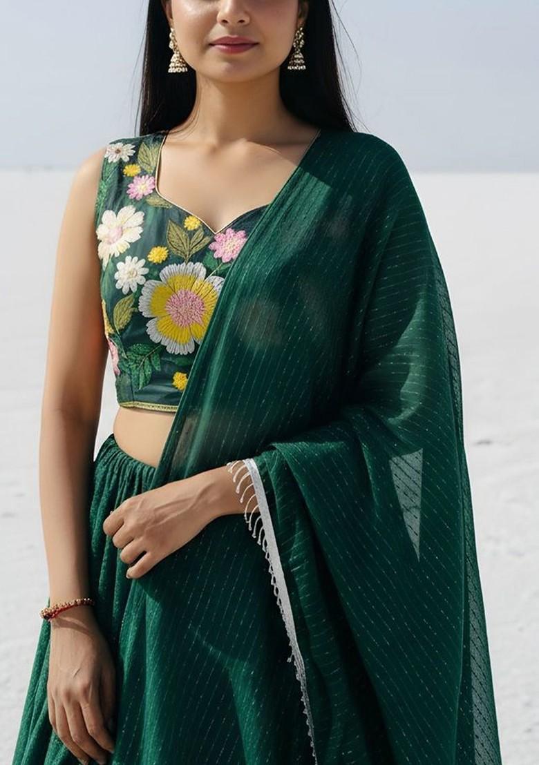 Green Emboridered Blended Lehenga Choli - Indya