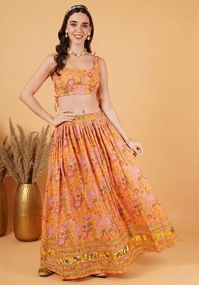 Orange Printed Blended Lehenga Choli