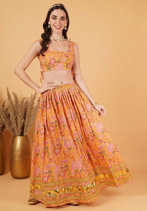 Orange Printed Blended Lehenga Choli — view on Indya