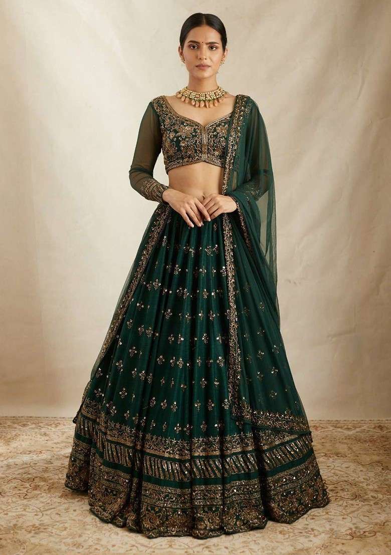 Green Emboridered Blended Lehenga Choli - Indya