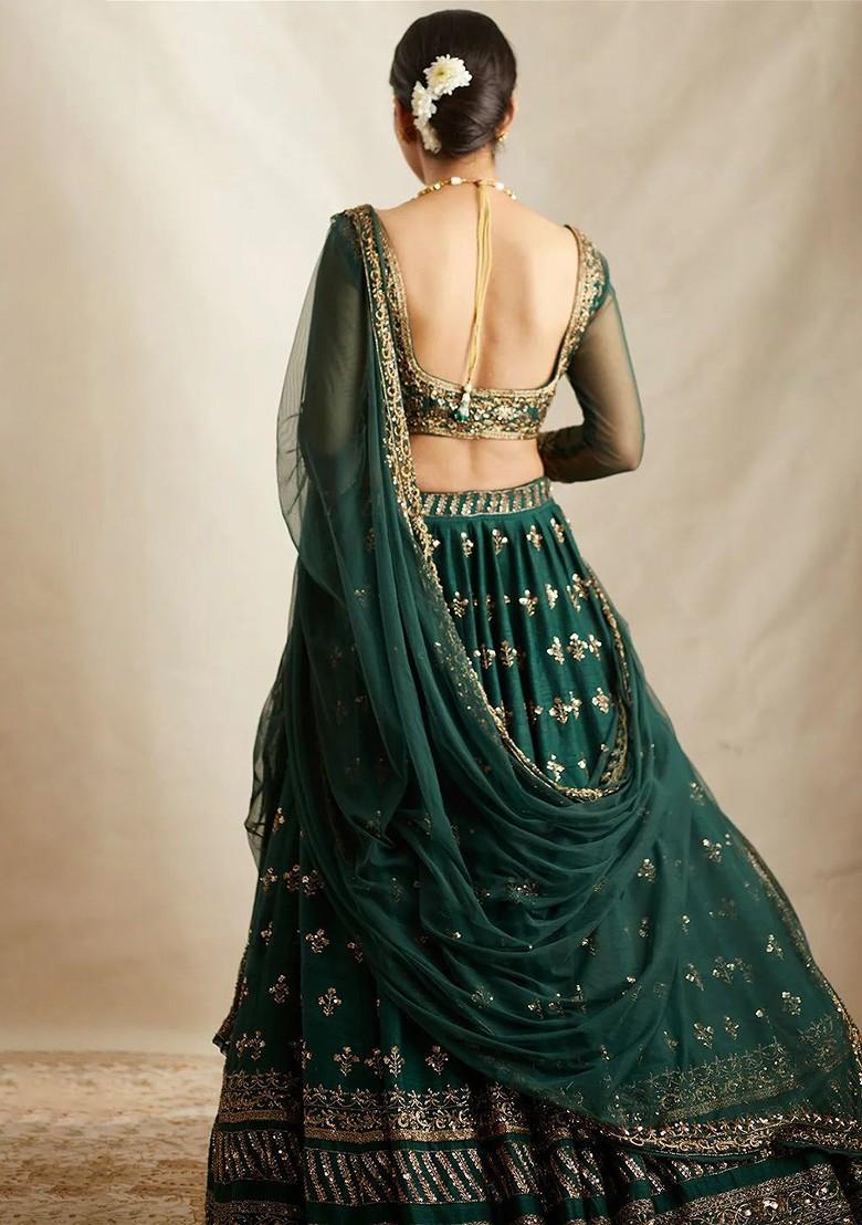 Green Emboridered Blended Lehenga Choli - Indya