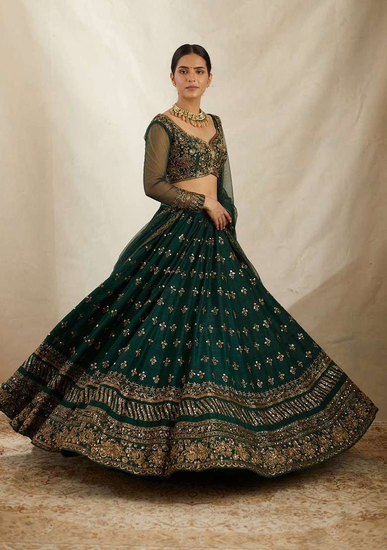 Green Emboridered Blended Lehenga Choli - Indya
