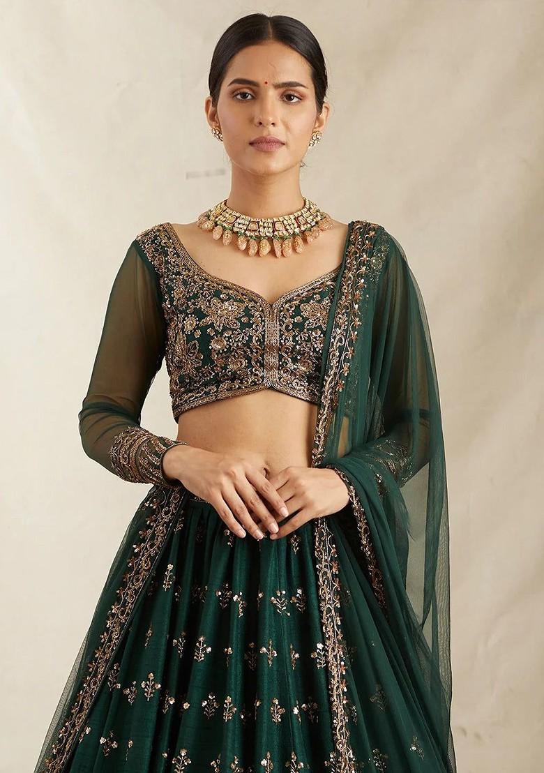 Green Emboridered Blended Lehenga Choli - Indya