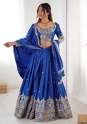 Blue Embellished Blended Lehenga Choli