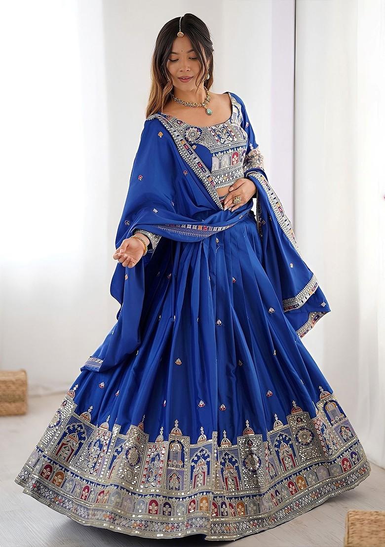 Blue Embellished Blended Lehenga Choli - Indya
