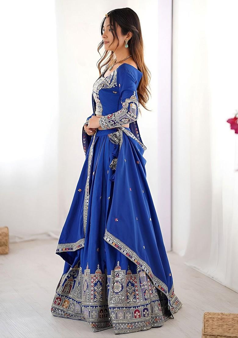 Blue Embellished Blended Lehenga Choli - Indya