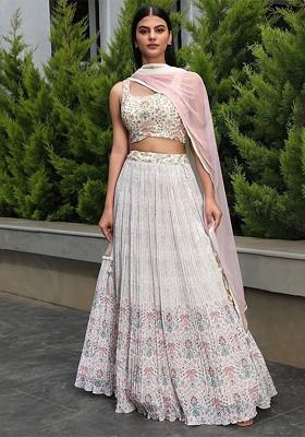 White Printed Blended Lehenga Choli