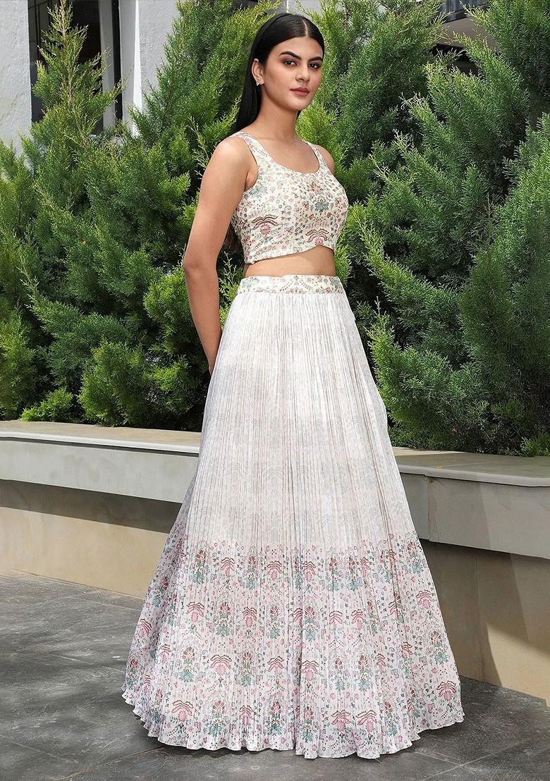 White Printed Blended Lehenga Choli - Indya