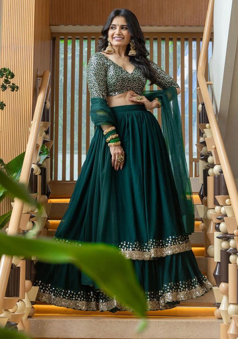 Green Emboridered Blended Lehenga Choli - Indya