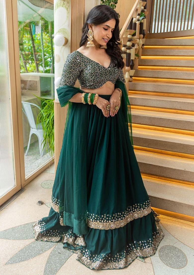 Green Emboridered Blended Lehenga Choli - Indya