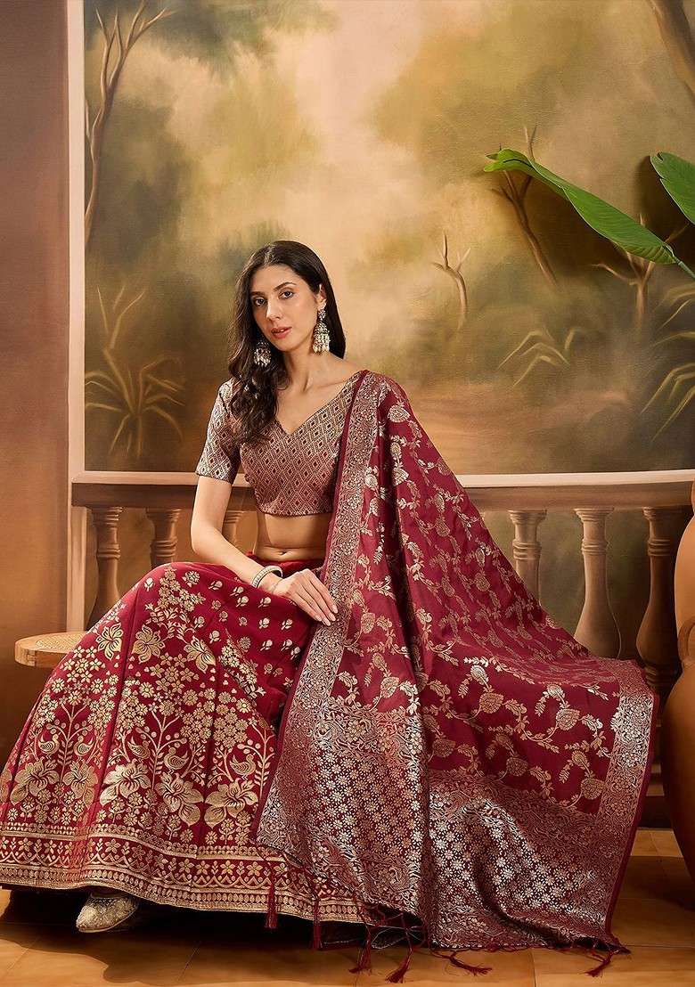 Maroon Woven Design Blended Lehenga Choli - Indya