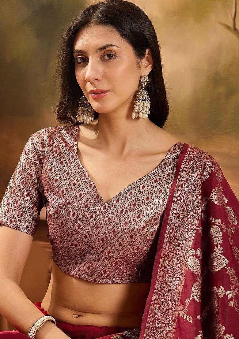 Maroon Woven Design Blended Lehenga Choli - Indya