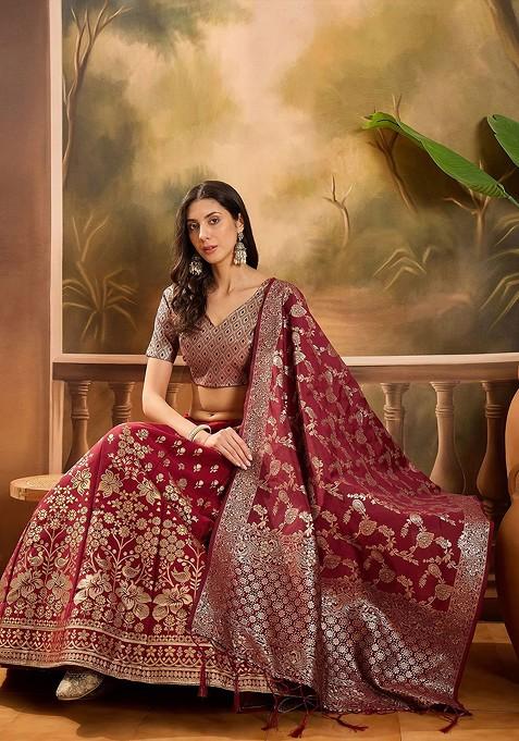 Maroon Woven Design Blended Lehenga Choli — view on Indya