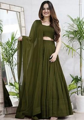 Olive Emboridered Blended Lehenga Choli