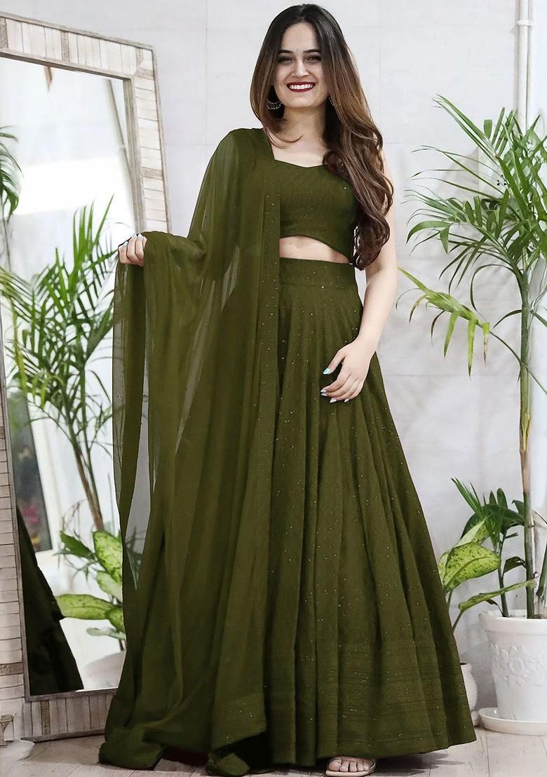 Olive Emboridered Blended Lehenga Choli - Indya