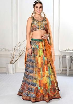 Orange Printed Blended Lehenga Choli