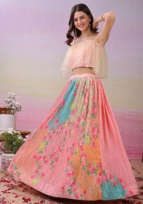 Pink Printed Blended Lehenga Choli