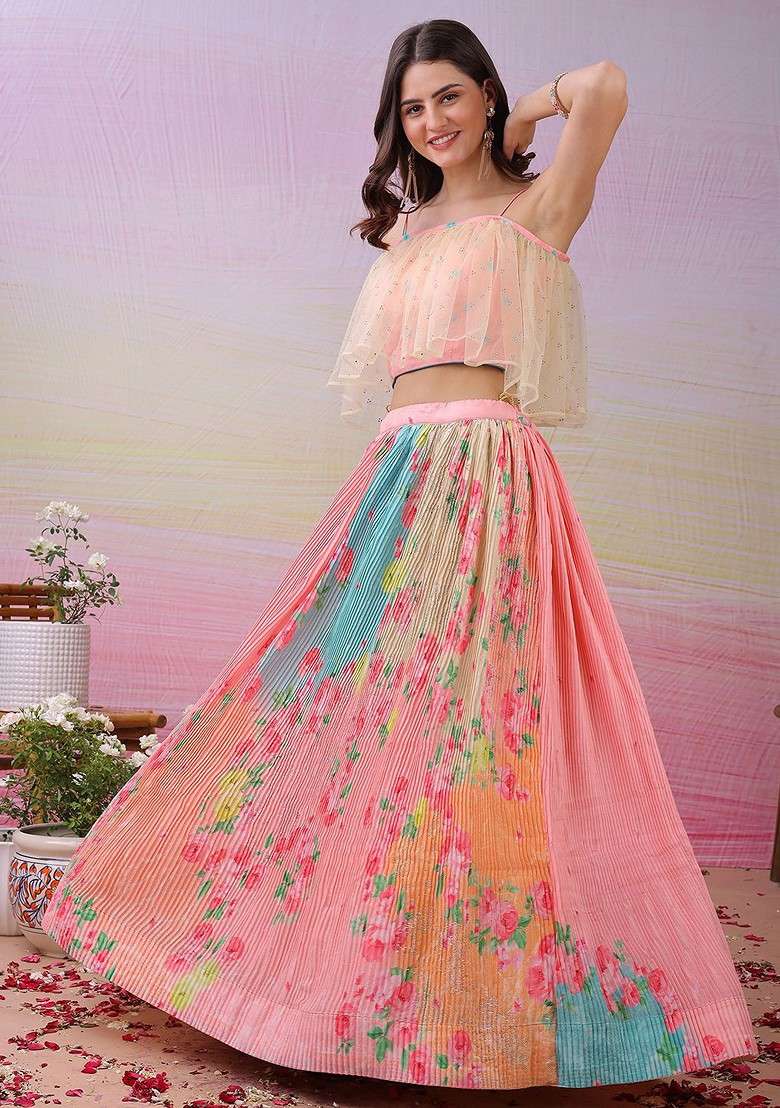 Pink Printed Blended Lehenga Choli - Indya