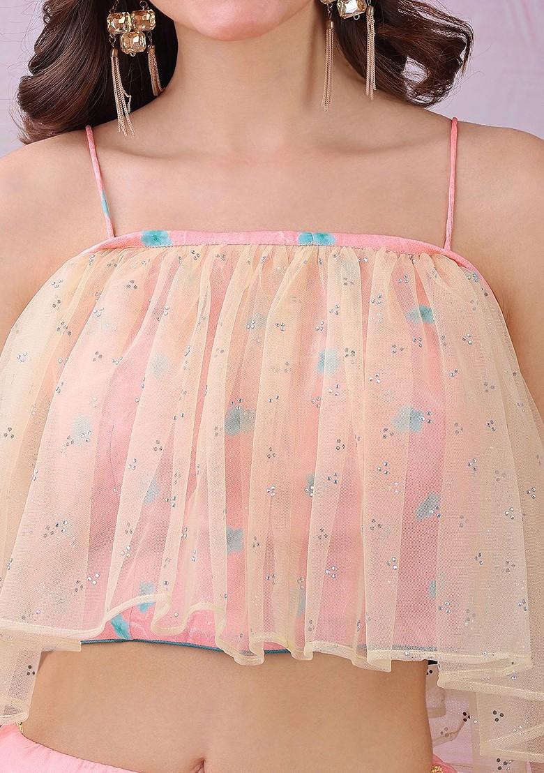 Pink Printed Blended Lehenga Choli - Indya