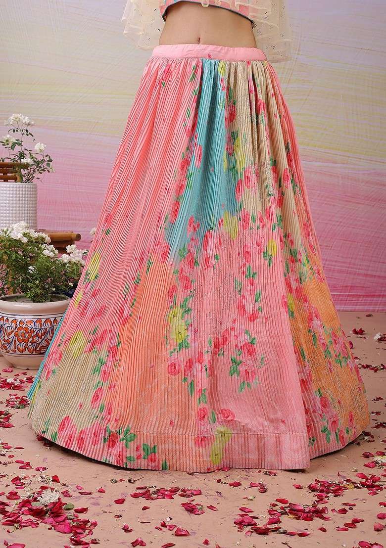 Pink Printed Blended Lehenga Choli - Indya