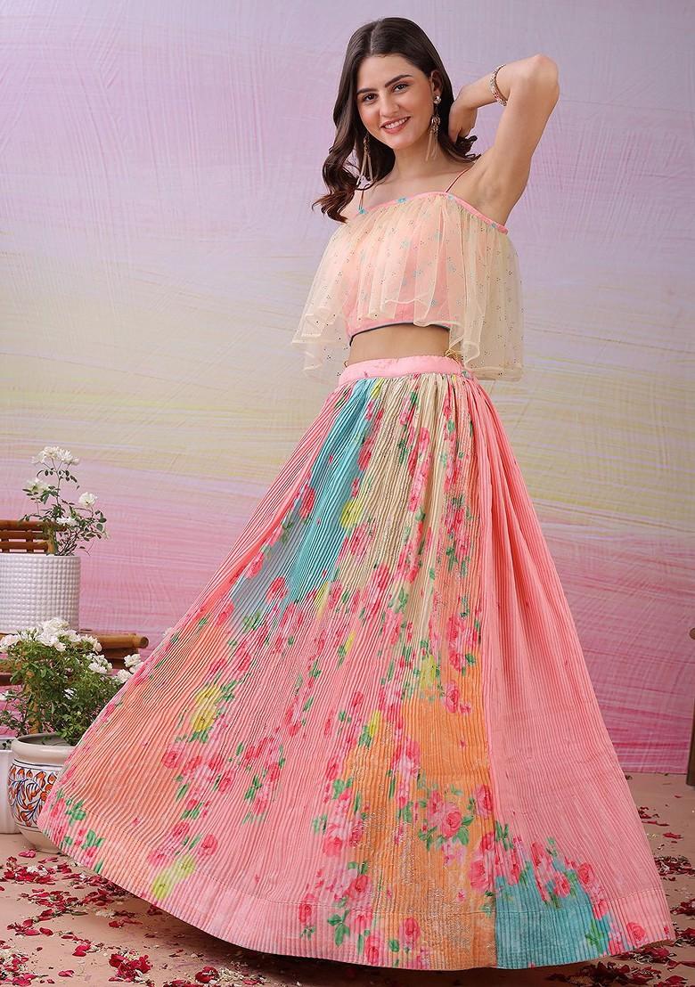 Pink Printed Blended Lehenga Choli - Indya