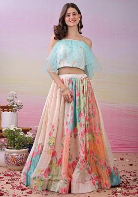 Off White Printed Blended Lehenga Choli