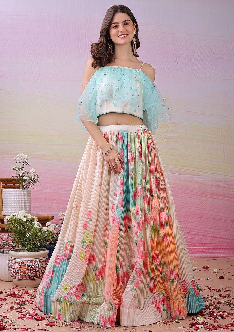 Off White Printed Blended Lehenga Choli - Indya