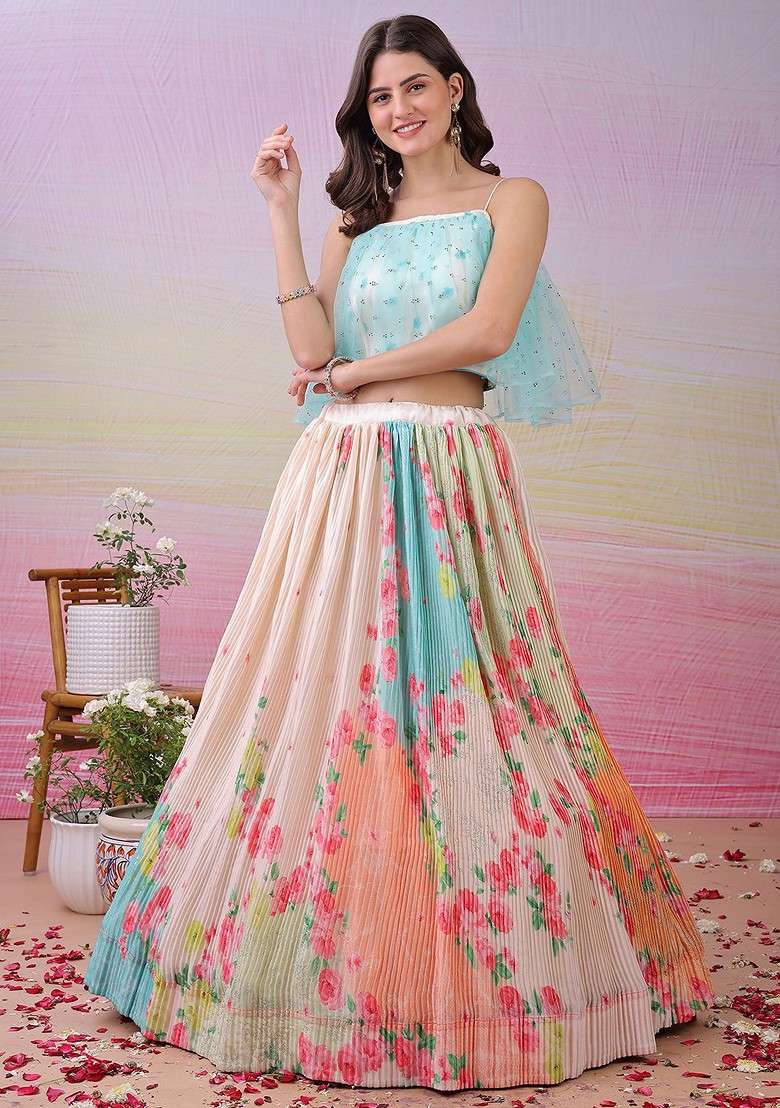 Off White Printed Blended Lehenga Choli - Indya