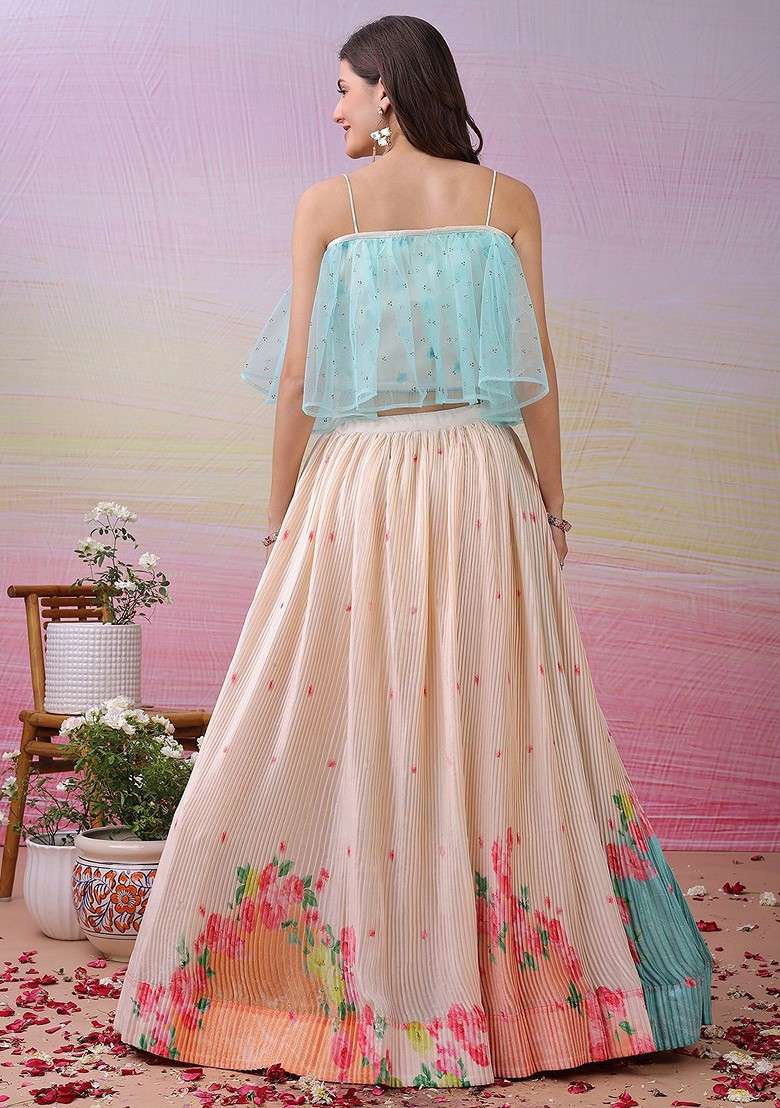 Off White Printed Blended Lehenga Choli - Indya