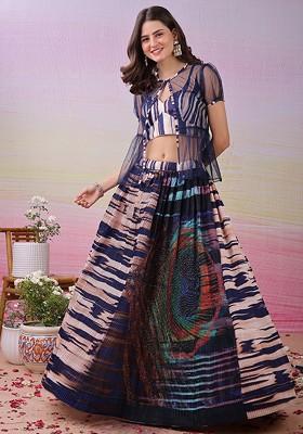 Blue Printed Blended Lehenga Choli