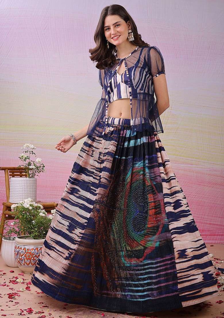 Blue Printed Blended Lehenga Choli - Indya