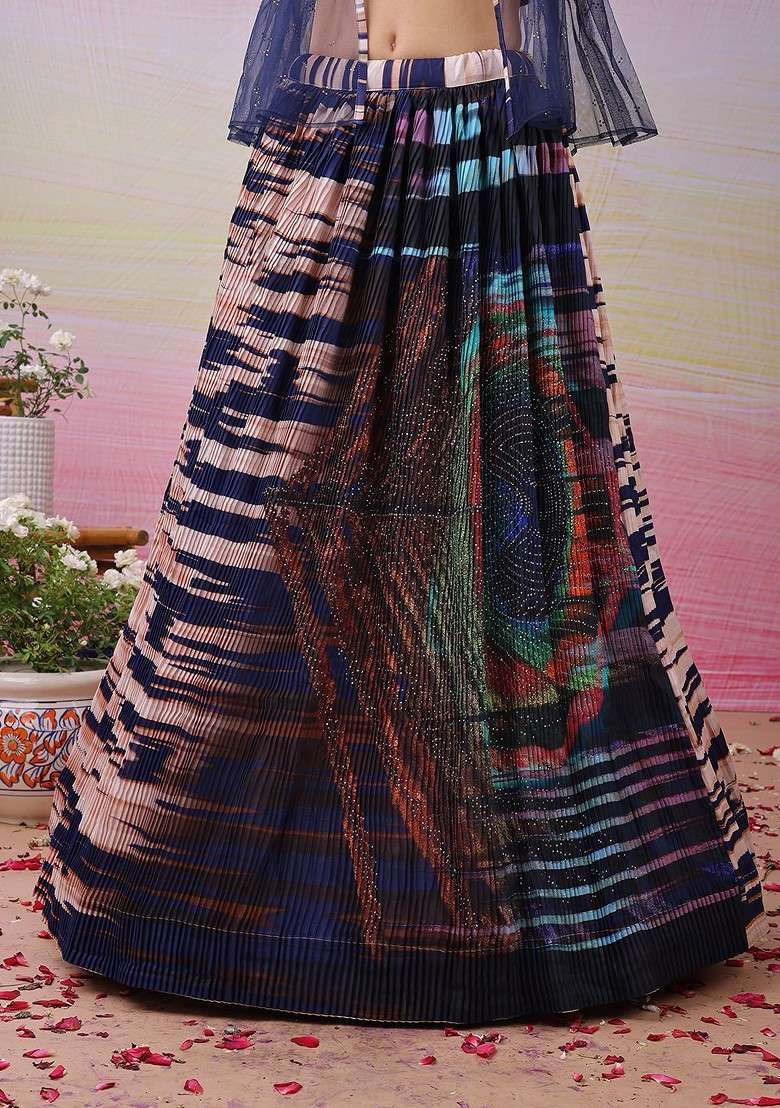 Blue Printed Blended Lehenga Choli - Indya