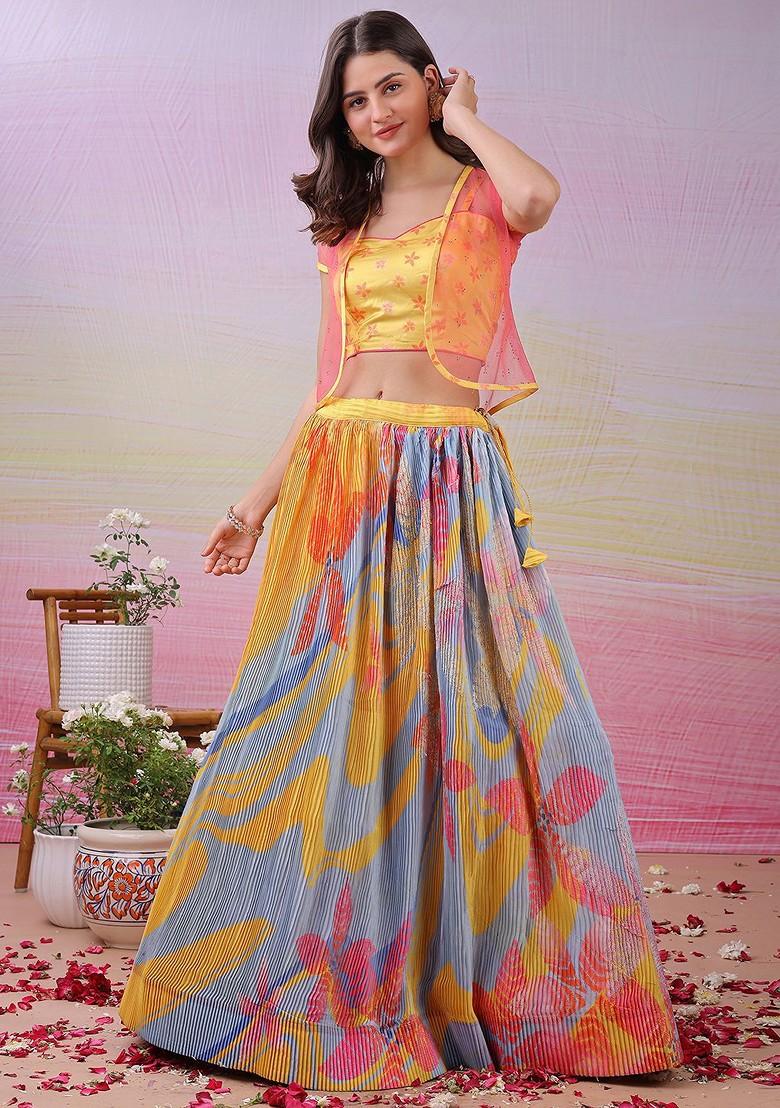 Yellow Printed Blended Lehenga Choli
